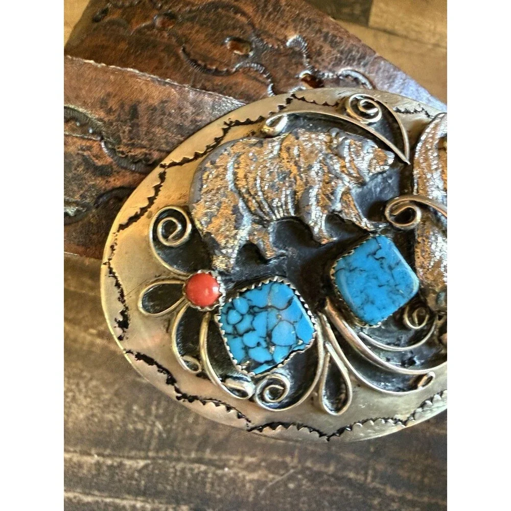 Vintage Turquoise Bear Belt Buckle Native With Tooled Leather Belt